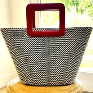 J McLaughlin woven Tote Bag with Red Square Handles